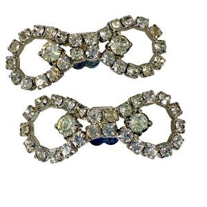 Vintage Rhinestone Bow Shaped Round Silver Tone Shoe Clips